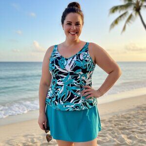 2 Piece Tankini Swimsuit Skirt Adjustable Straps Teal Black Size 18